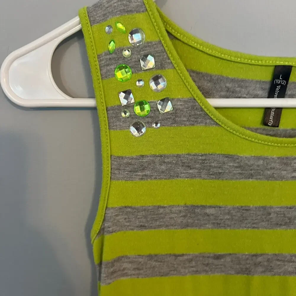 Velvet Butterfly Girls Striped Sleeveless Dress Size 10 / 12 Bright Green & Gray